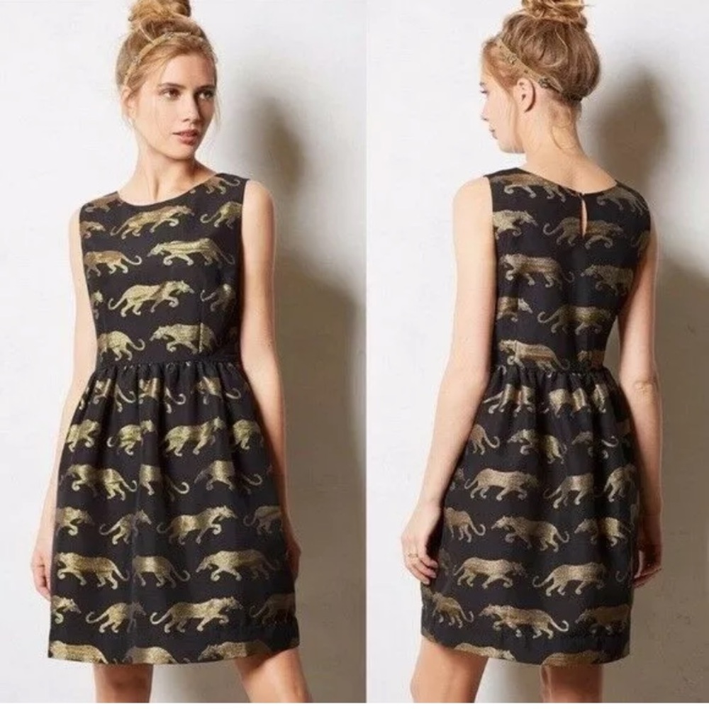 Anthropologie Black and Gold Panther Dress
